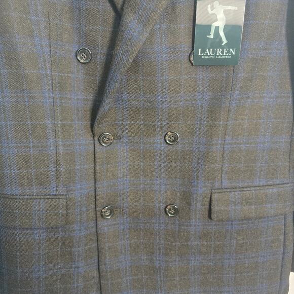 Lauren Ralph Lauren Double-Breasted Blazer Brown Blue Windowpane 40R NWT - Picture 10 of 12